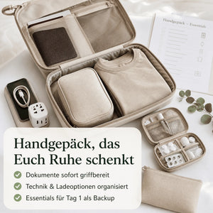 Das „Honeymoon Escape Kit“ von Mein kleines Hochzeitsbüro ist ein beiger Organizer mit Fächern für Kleidung, Dokumente, Ladegerät, Adapter, Kopfhörer und Toilettenartikel. Im Lieferumfang enthalten ist eine deutsche Checkliste mit dem Titel „Handgepäck – Essentials“ für eine gut organisierte Reisevorbereitung.