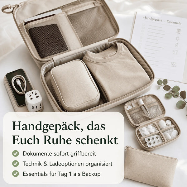 Das „Honeymoon Escape Kit“ von Mein kleines Hochzeitsbüro ist ein beiger Organizer mit Fächern für Kleidung, Dokumente, Ladegerät, Adapter, Kopfhörer und Toilettenartikel. Im Lieferumfang enthalten ist eine deutsche Checkliste mit dem Titel „Handgepäck – Essentials“ für eine gut organisierte Reisevorbereitung.