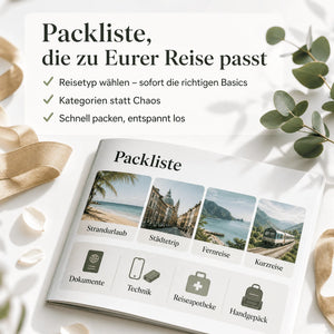 Ein Flatlay des „Honeymoon Escape Kit“-Hefts von „Mein kleines Hochzeitsbüro“ zeigt eine Packliste für Strand- und Städtereisen und vieles mehr. Umrahmt von Bändern und Blättern – ideal für die Reisevorbereitung oder als besonderes Geschenk zur Hochzeitsreise.