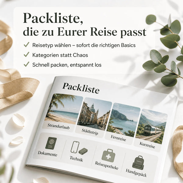 Ein Flatlay des „Honeymoon Escape Kit“-Hefts von „Mein kleines Hochzeitsbüro“ zeigt eine Packliste für Strand- und Städtereisen und vieles mehr. Umrahmt von Bändern und Blättern – ideal für die Reisevorbereitung oder als besonderes Geschenk zur Hochzeitsreise.
