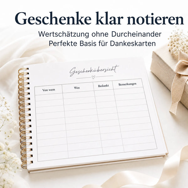 Das „Just Married Reset Kit“ von „Mein kleines Hochzeitsbüro“ enthält ein spiralgebundenes Notizbuch mit einer Seite zur Geschenkeübersicht – ideal, um Geschenke und Danksagungen im Blick zu behalten. Charmante florale Akzente und ein verpacktes Geschenk sorgen für einen dekorativen Touch.