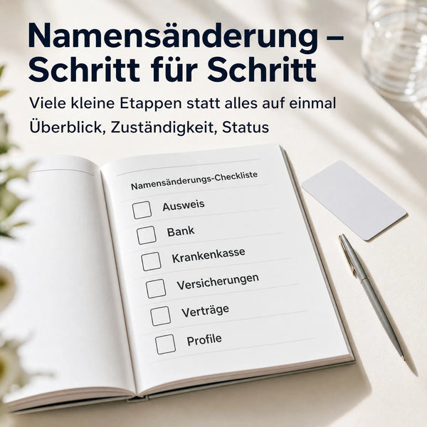 Auf einem Tisch liegt eine Checkliste aus dem „Just Married Reset Kit“ von „Mein kleines Hochzeitsbüro“ offen, daneben ein Stift und ein Umschlag. Darauf stehen: Ausweis, Bank, Krankenversicherung, sonstige Versicherungen, Verträge und Profile. Der deutsche Text darüber enthält eine Schritt-für-Schritt-Anleitung.