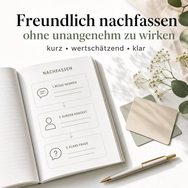 Das Kommunikations-Kit von „Mein kleines Hochzeitsbüro“ enthält Vorlagen und Tools wie die Nachfass-Seite – ideal für die Hochzeitsplanung. So kannst du freundlich, wertschätzend und klar nachfassen, ohne aufdringlich zu wirken.