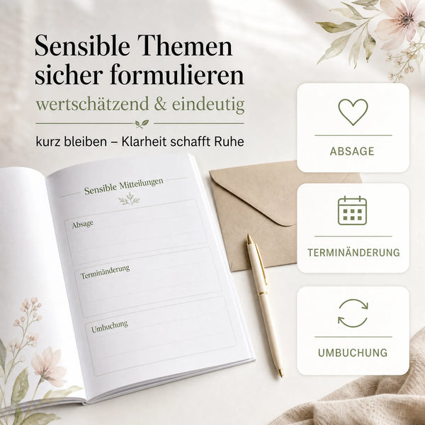 Ein offenes Notizbuch mit dem Titel „Sensible Mitteilungen“, ein goldener Stift, ein Umschlag, Blumenpapier und Symbole für „Absage“, „Terminänderung“ und „Umbuchung“ – das Kommunikations-Kit von „Mein kleines Hochzeitsbüro“ für stilvolle E-Mail-Vorlagen in der Hochzeitsplanung.