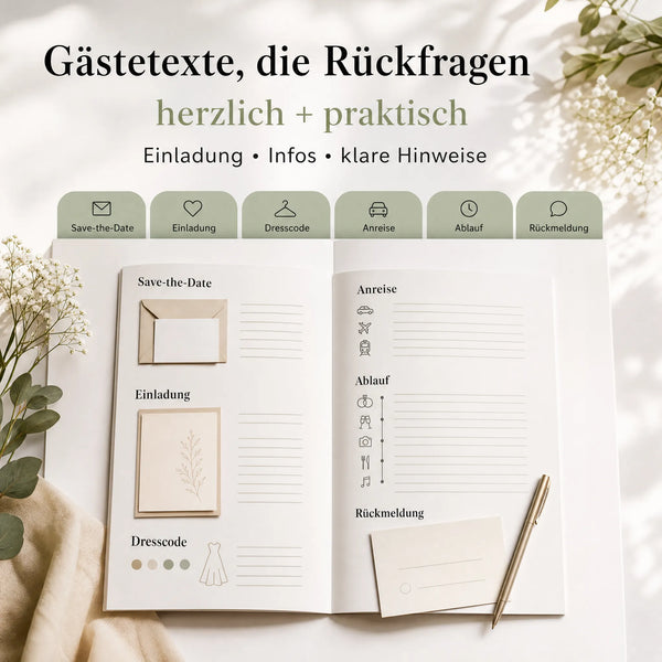 Das Kommunikations-Kit von „Mein kleines Hochzeitsbüro“ enthält ein Notizbuch zur Hochzeitsplanung mit Rubriken für Save-the-Date, Einladungen, Dresscode und mehr sowie Tipps und E-Mail-Vorlagen für die Kommunikation mit den Gästen.