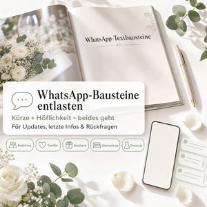 Ein „Flat Lay“ zum Thema Hochzeit zeigt das Kommunikations-Set von „Mein kleines Hochzeitsbüro“ mit einem Notizbuch mit WhatsApp-Textbausteinen, einem Smartphone, einem Stift, weißen Rosen, Einladungskarten und einem Hinweis zur Verwendung von WhatsApp-Vorlagen für eine reibungslose Kommunikation bei der Hochzeitsplanung.