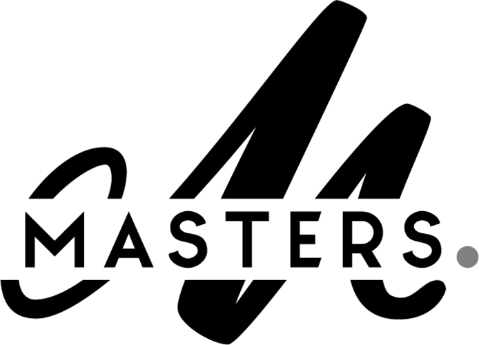 Schwarz-weißes Logo mit dem Wort MASTERS in Großbuchstaben, teilweise überlagert von einem stilisierten, abstrakten M, mit einem kleinen grauen Punkt auf der rechten Seite.