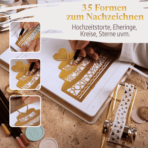 Eine Hand zeichnet die Mein kleines Hochzeitsbüro Lineal Clip-Schablone "Hochzeitstorte" mit Hochzeitsmustern auf einen Planer. Der deutsche Text lautet: 35 Formen zum Nachzeichnen. Hochzeitstorte, Eheringe, Kreise, Sterne uvm. Bastelmaterial ist in der Nähe.