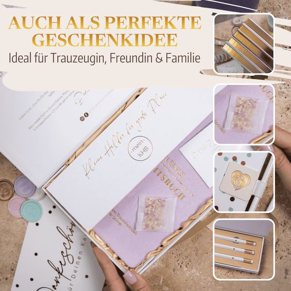 Das "Mein kleines Hochzeitsbuch - Fürstliche Romantik" von Mein kleines Hochzeitsbüro ist zusammen mit goldfarbenen Stiften, einer Herzkarte und Wachssiegeln das ideale Geschenk für die Hochzeitsplanung oder für Brautjungfern, Freunde und Familie.