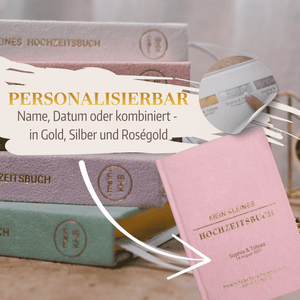 Stapel mit pastellfarbenem "Mein kleines Hochzeitsbuch - Zuckerwatten Herzchen" von Mein kleines Hochzeitsbüro, mit gold-, silber- und roségoldgeprägtem Titel. Anpassbar für Namen/Daten; enthält Checklisten - ideal für die Hochzeitsplanung.
