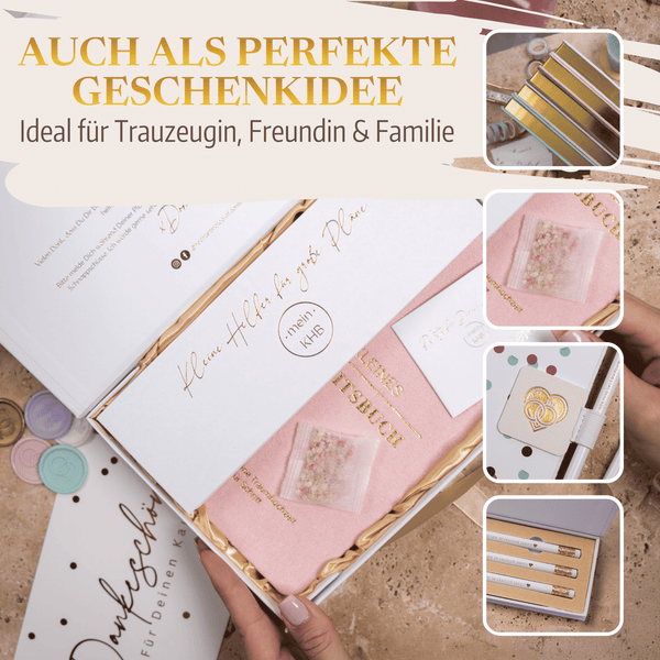 Die Geschenkbox "Mein kleines Hochzeitsbuch - Zuckerwatten Herzchen" von Mein kleines Hochzeitsbüro enthält ein rosafarbenes Etui, goldgeprägte Artikel und dekorative Stifte - ideal für die Hochzeitsplanung. Die eingefügten Bilder und der deutsche Text machen es zu einem perfekten Geschenk.