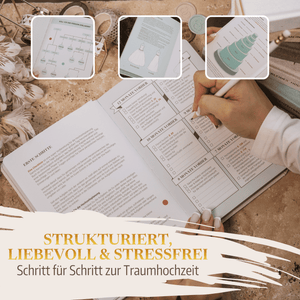 Eine Person schreibt in "Mein kleines Hochzeitsbuch - Ewige Eleganz" von Mein kleines Hochzeitsbüro, umgeben von Blumen und Stift. Einsätze zeigen Planungsseiten mit Checklisten und Kleid-Optionen. Text: Strukturiert, liebevoll  stressfrei zur Traumhochzeit.
