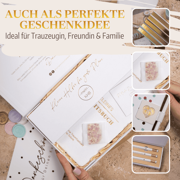 Geschenkset von Mein kleines Hochzeitsbüro mit "Mein kleines Hochzeitsbuch - Ewige Eleganz" (geblümter Einband), gold-weißen Stiften und einer Karte auf beiger Oberfläche; der deutsche Text nennt es den idealen Planungsbegleiter für die Hochzeitsplanung.