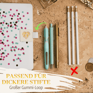 Der weiße Planer zeigt den "Stiftehalter - Schlaufe Extragroß" von Mein kleines Hochzeitsbüro, der dicke Stifte (✔️), aber keine dünnen Stifte (❌) hält. Deutscher Text: PASSEND FÜR DICKERE STIFTE Großer Gummi-Loop - idealer Stiftehalter für deinen Hochzeitsplaner.