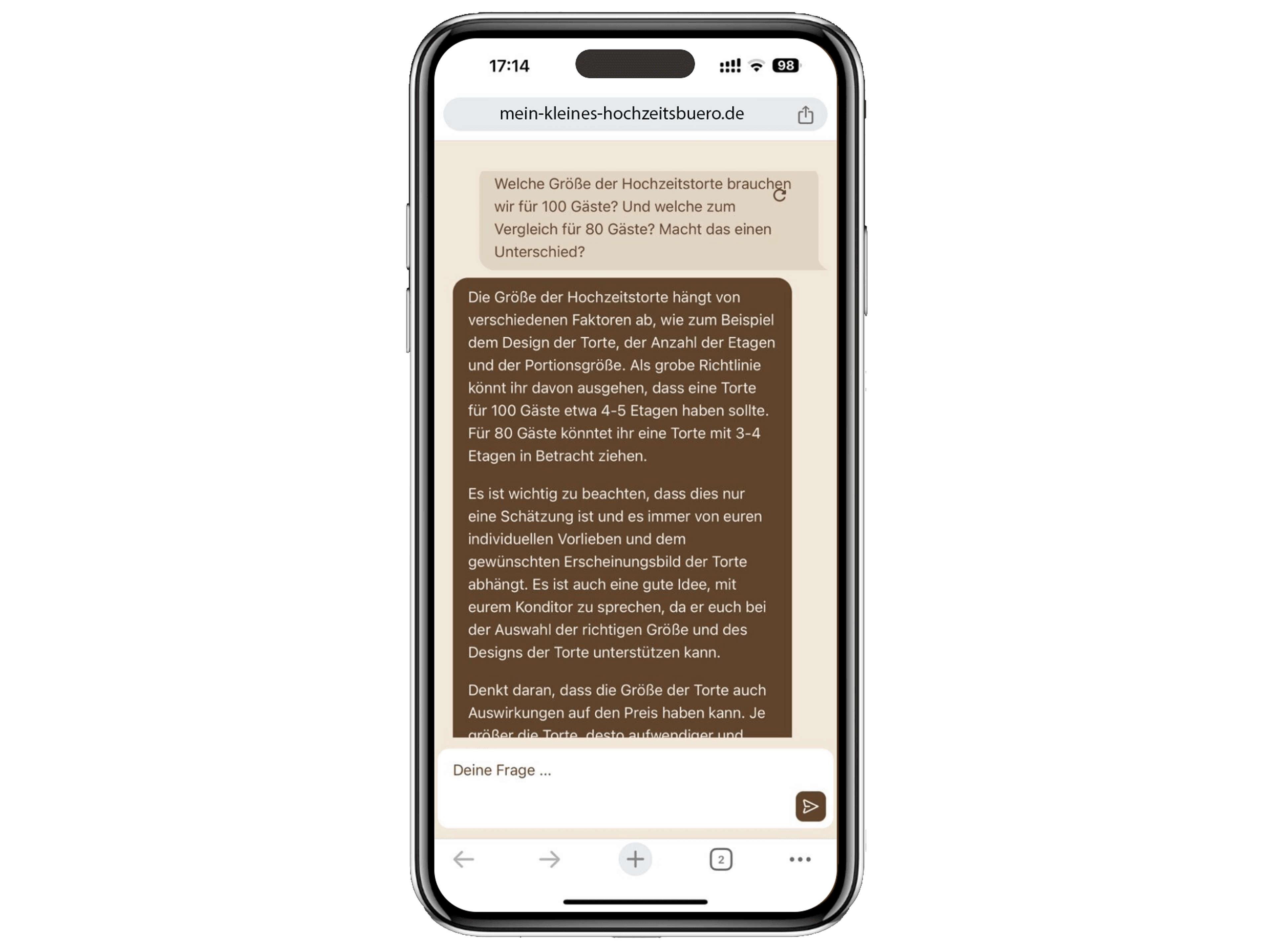 Ein Smartphone, das eine deutschsprachige Website mit einer Chat-Schnittstelle anzeigt. Im Chat wird erörtert, wie die Größe einer Hochzeitstorte von der Anzahl der Gäste und anderen Faktoren abhängt, und es werden Ratschläge für die Bewirtung von etwa 100 Gästen gegeben.