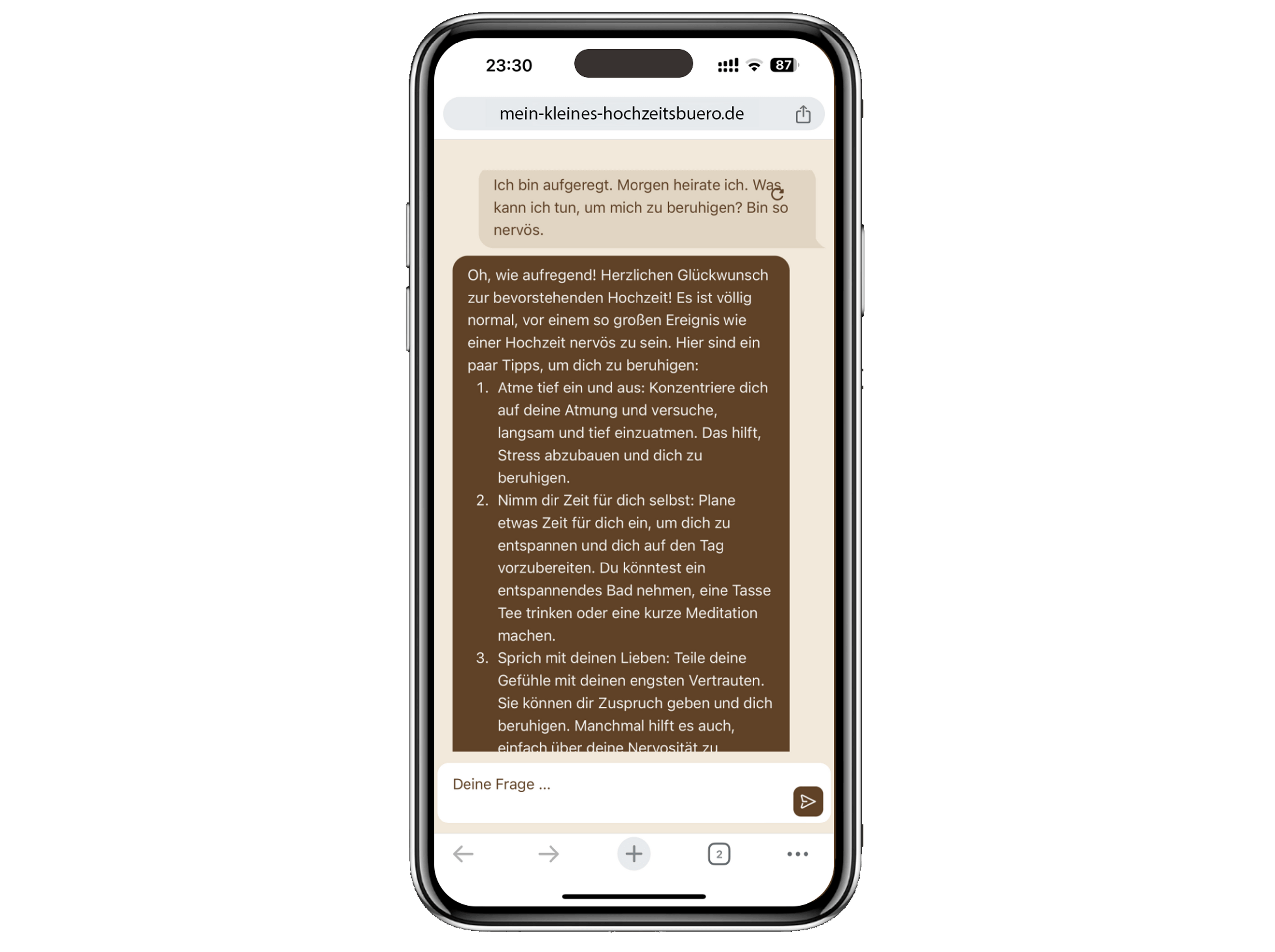Auf dem Bildschirm eines Smartphones wird ein Chat auf der Website mein-kleines-hochzeitsbuero.de angezeigt. In der Unterhaltung geht es darum, die Hochzeitsnerven zu beruhigen. In den braunen Sprechblasen stehen beruhigende Tipps auf Deutsch.