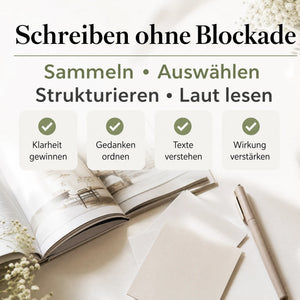 Foto: Geöffnetes Notizbuch mit leerem Blatt Papier und einem Stift. Text: Mein kleines Hochzeitsbüro – Kit für Gelübde, Reden und Zeremonien. Verfassen Sie ganz einfach Gelübde oder Reden, gewinnen Sie Klarheit, ordnen Sie Ihre Gedanken, verstehen Sie Texte und bringen Sie Ihre Botschaft ohne Schreibblockade besser zum Ausdruck.