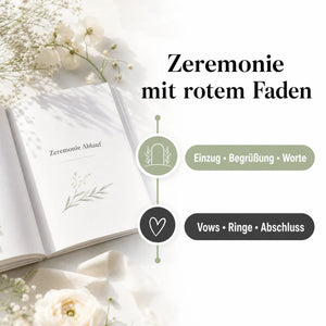 Das „Vows, Speech  Ceremony Kit“ von „Mein kleines Hochzeitsbüro“ liegt aufgeschlagen vor und zeigt den strukturierten Ablauf der Eheversprechen: Einzug, Begrüßung, Worte, Gelübde, Ringe, Abschluss – und führt Ihre Zeremonie mit einem klaren roten Faden durch.