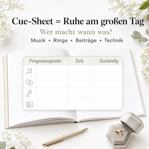 Das Set „Gelübde, Reden  Zeremonie“ von „Mein kleines Hochzeitsbüro“ besteht aus einem cremefarbenen Spickzettel mit einer Vorlage für Eheversprechen in Form eines aufgeschlagenen Notizbuchs zur Organisation der einzelnen Programmpunkte der Hochzeit sowie einem Stift, einer Ringbox, weißen Blumen und einer hilfreichen Anleitung auf Deutsch.