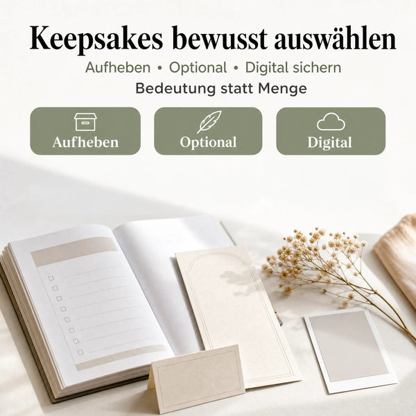 Ein offenes Notizbuch, leere Blätter, ein Foto und eine Trockenblume auf einem hellen Untergrund. Der deutsche Text stellt das „Wedding Memories  Keepsakes Kit“ von Mein kleines Hochzeitsbüro vor – ein perfekter Leitfaden, um besondere Hochzeitserinnerungen und Andenken festzuhalten.