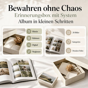 Ein beiges „Wedding Memories  Keepsakes“-Set von „Mein kleines Hochzeitsbüro“ enthält Trockenblumen, aufgeschlagene Fotoalben und Aktionssymbole. Der deutsche Text wirbt für eine übersichtliche Art, Erinnerungen festzuhalten – ideal für Hochzeiten, dank der praktischen Anleitung zum Anlegen von Erinnerungen.