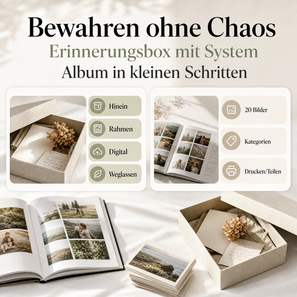 Ein beiges „Wedding Memories  Keepsakes“-Set von „Mein kleines Hochzeitsbüro“ enthält Trockenblumen, aufgeschlagene Fotoalben und Aktionssymbole. Der deutsche Text wirbt für eine übersichtliche Art, Erinnerungen festzuhalten – ideal für Hochzeiten, dank der praktischen Anleitung zum Anlegen von Erinnerungen.