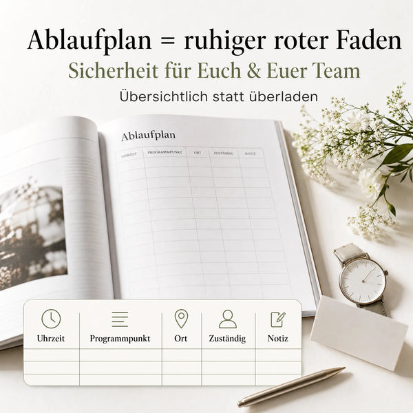 Das „Wedding Week SOS Kit“ von „Mein kleines Hochzeitsbüro“ ist auf einem Schreibtisch abgebildet, auf dem ein Stift, eine Pflanze, eine Tasse und eine Uhr liegen. Darüber erklärt ein Text, wie es Teams Klarheit und Sicherheit vermittelt, und hebt dabei die hilfreichen Organisationskategorien hervor.
