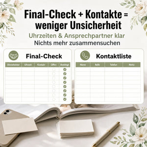 Ein Blumenmotiv ziert das „Wedding Week SOS Kit“ von Mein kleines Hochzeitsbüro, das übersichtliche Hilfsmittel für den „Final-Check“ und die „Kontaktliste“ enthält – für einen klaren und stressfreien 7-tägigen Hochzeits-Countdown.