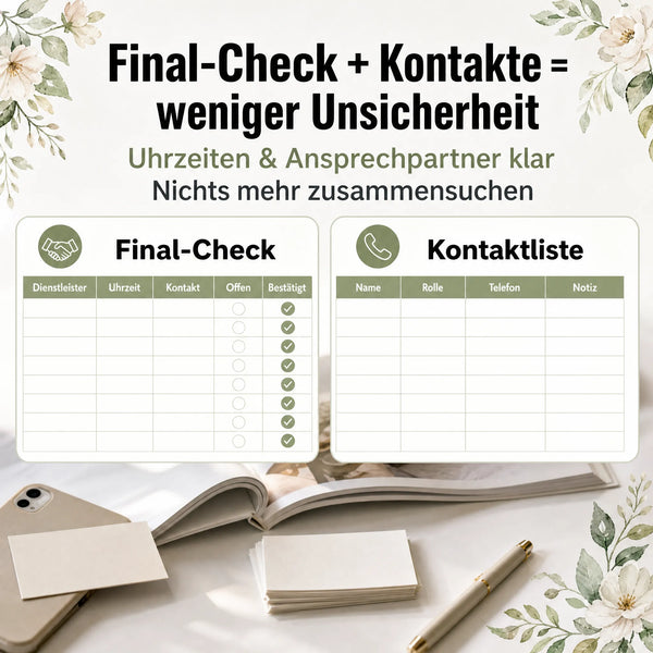 Ein Blumenmotiv ziert das „Wedding Week SOS Kit“ von Mein kleines Hochzeitsbüro, das übersichtliche Hilfsmittel für den „Final-Check“ und die „Kontaktliste“ enthält – für einen klaren und stressfreien 7-tägigen Hochzeits-Countdown.
