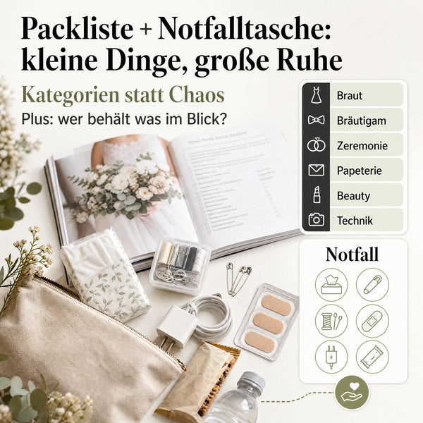 Eine Flatlay-Aufnahme des „Wedding Week SOS Kit“ von Mein kleines Hochzeitsbüro – Taschentücher, Nähset, Pflaster, Pfefferminzbonbons und eine Wasserflasche – neben einer Hochzeitszeitschrift. Mit Packtipps und Ratschlägen des Hochzeitsplaners zu den wichtigsten Dingen für die Hochzeit.